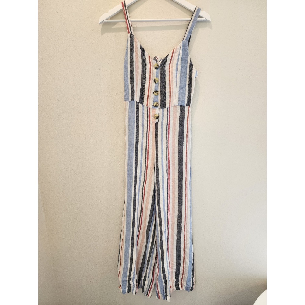 Indigo Rein Linen Blend Women Small Striped Wide Leg Jumpsuit Tie Back Cutout